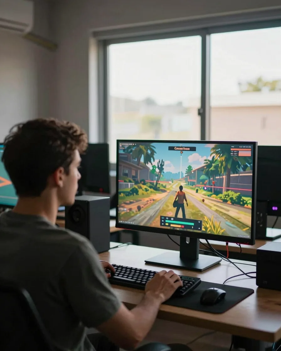 Interior de redação com mesa de trabalho, monitor exibindo uma tela de jogo em pausa e um controle sobre o teclado, luz